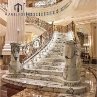 Villa Indoor Natural Stone Curved Stairs White Marble Stone Grand Staircase